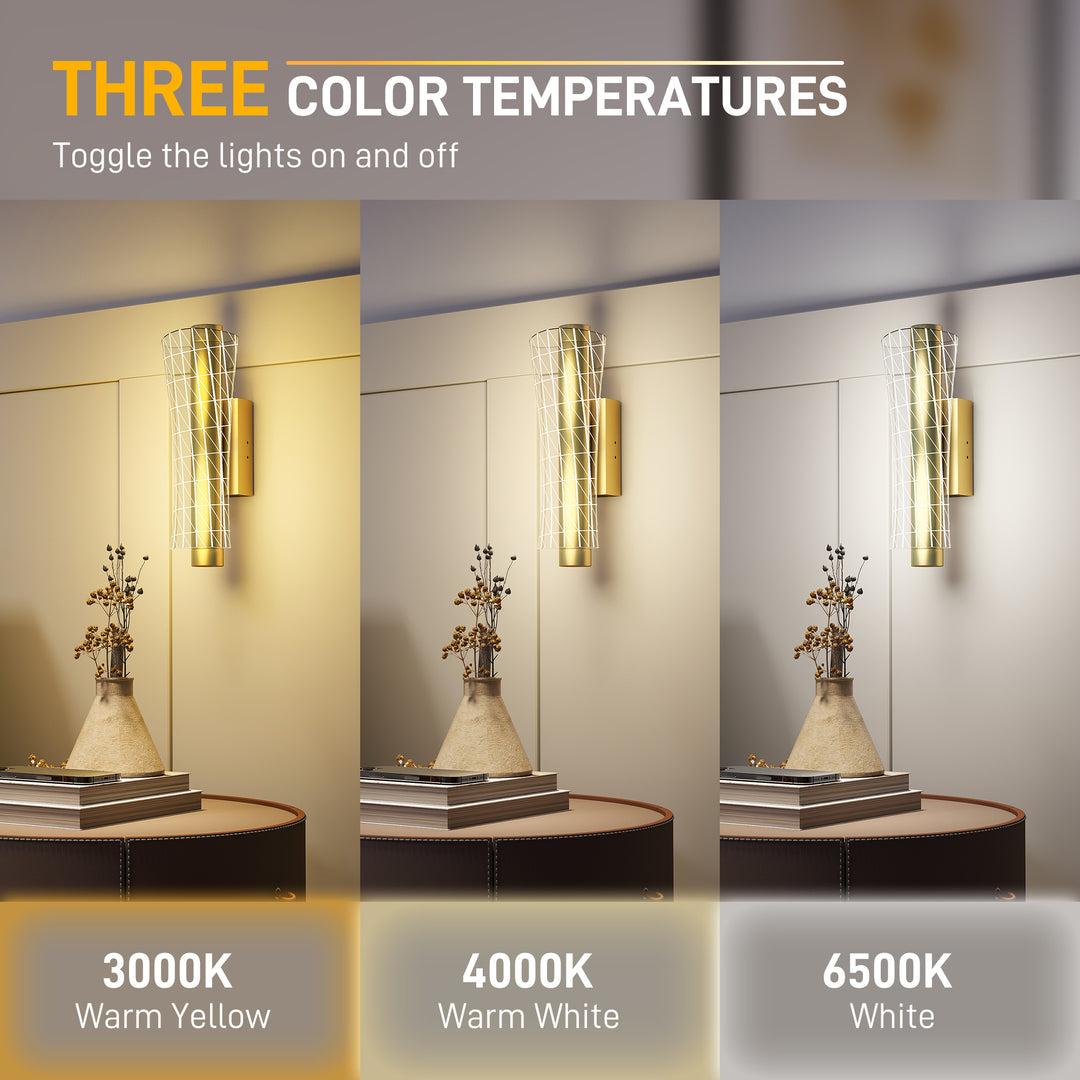 Led Wall Lamp 2 Pack, 9W Modern Indoor Geometric Mesh Wall Light, Colour Temperature Adjustable 3000K/4000K/6500K for Bedroom, Living Room, Hallway, Stairs, Gold Tone