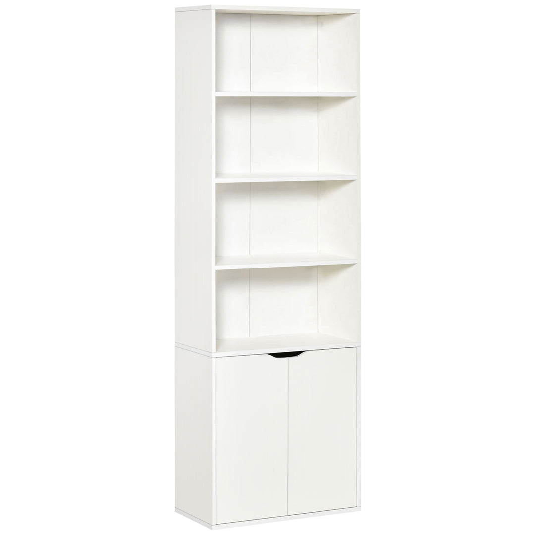 6-Tier Tall Bookcase, Bookshelf with 4 Open Shelves and Double Door Storage Cabinet, Freestanding Display Rack for Living Room, Bedroom, Home Office, Study, 59 x 29 x 180cm, White