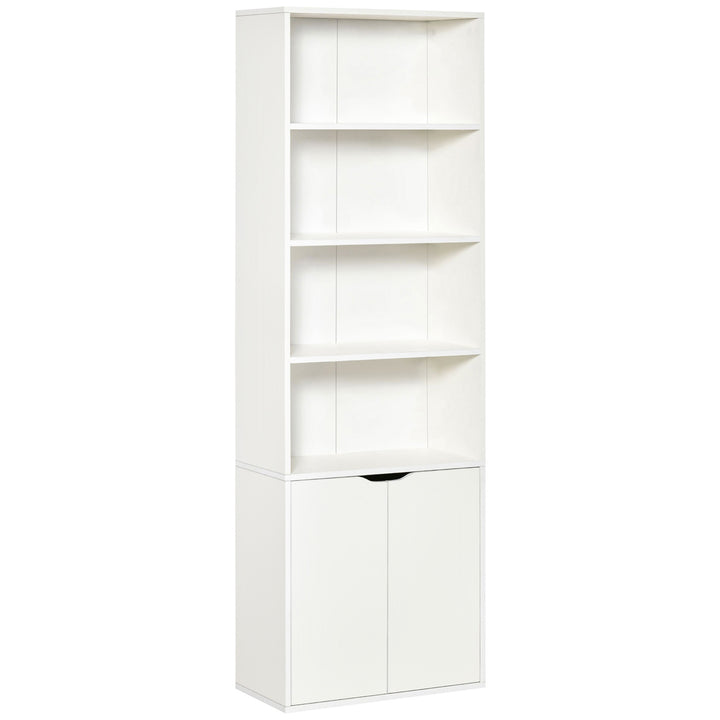 6-Tier Tall Bookcase, Bookshelf with 4 Open Shelves and Double Door Storage Cabinet, Freestanding Display Rack for Living Room, Bedroom, Home Office, Study, 59 x 29 x 180cm, White