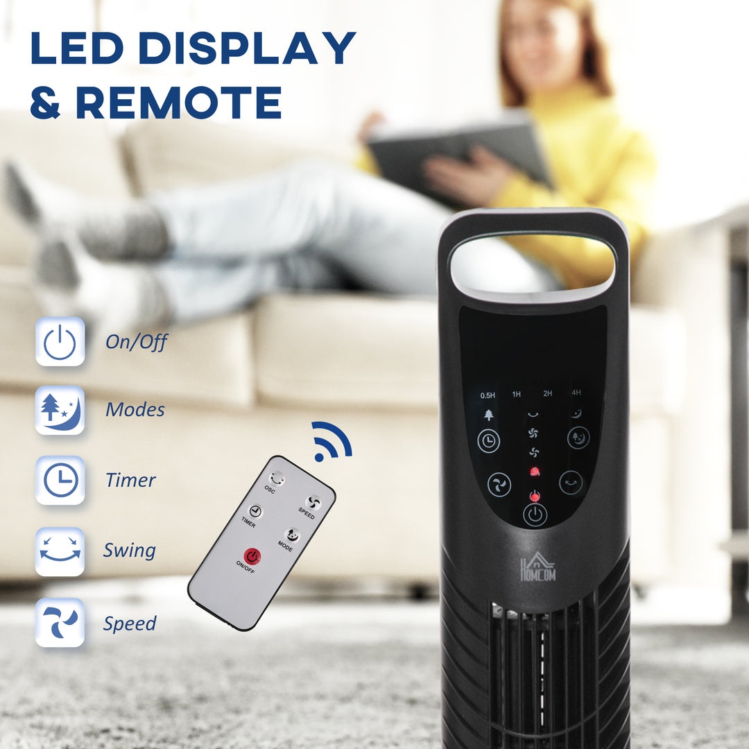 HOMCOM 36'' Tower Fan, Oscillating, 3 Speeds, 3 Modes, 7.5h Timer, LED Display, Remote Control, Black | Aosom UK