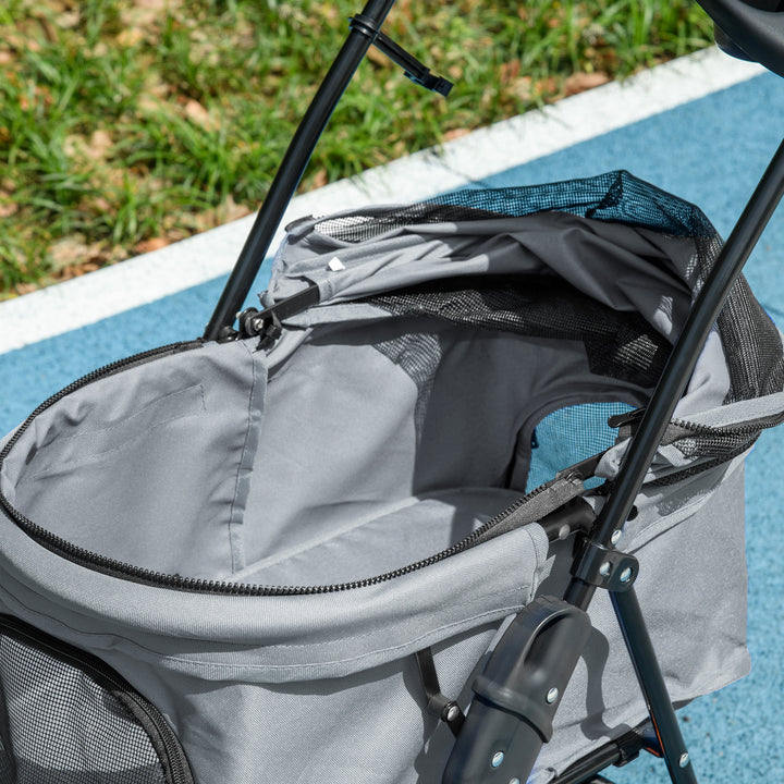 Dog Stroller with Rain Cover, Dog Pushchair One-Click Fold Trolley Jogger with EVA Wheels Brake Basket Adjustable Canopy Safety Leash for Small Dogs, Grey