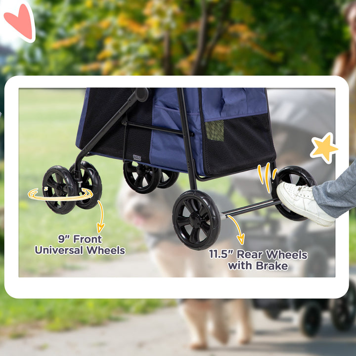 PawHut One-Click Foldable Dog Pushchair w/ EVA Wheels, Storage Bags, Mesh Windows, Doors, Safety Leash, Cushion, for Small Pets - Dark Blue