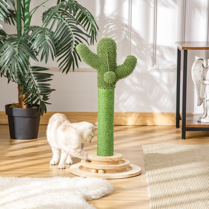 PawHut Cactus-Shaped Cat Tree Tower, Green, with Sisal Scratching Post, Hanging Ball, Funny Cat Ball Platform, 32 x 32 x 60cm | Aosom UK