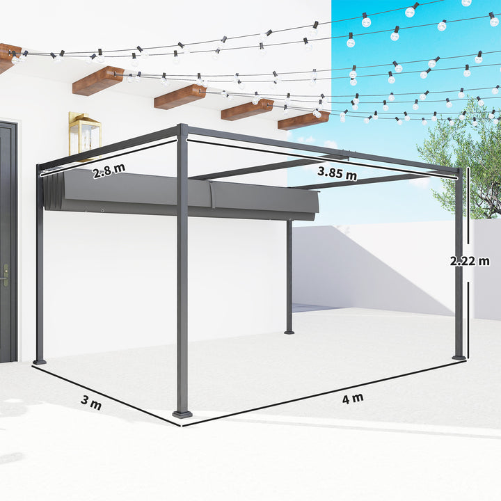 4 x 3(m) Metal Outdoor Pergola with Retractable Roof, Outdoor Gazebo with Drainage Holes for Garden, Patio, Lawn, Grey