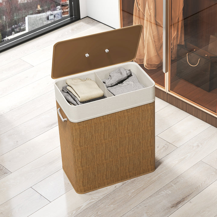 Double Laundry Basket with Lid, 100L Bamboo Laundry Hamper with Rope Handles, Washing Basket with Removable Liner for Bathroom, Bedroom, Brown
