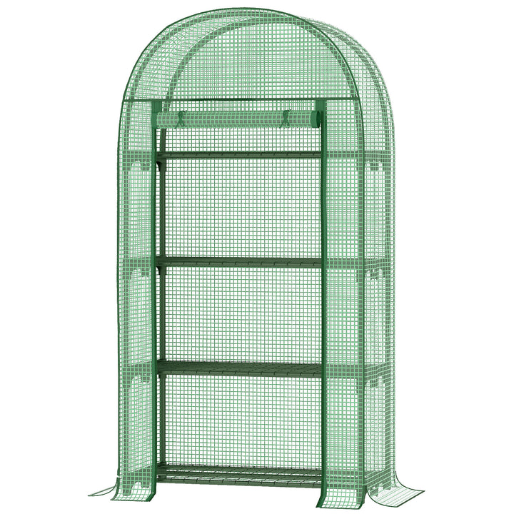 Outsunny Compact Mini Greenhouse Outdoor with Storage Shelf and Roll-Up Zippered Door, 80x49x160cm - Green | Aosom UK