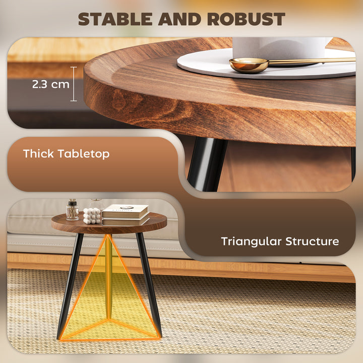 Modern Round Coffee Table with Steel Frame for Small Space, Sofa Beside, Living Room, Bedroom, Chestnut Wood Effect