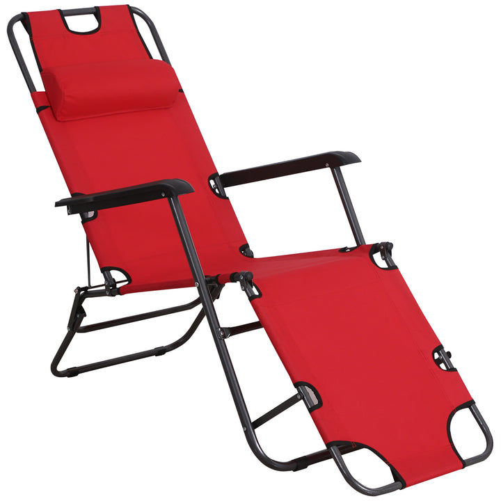 2 in 1 Folding Sun Lounger Reclining Garden Chair with 2-Level Adjustable Backrest, Outdoor Zero Gravity Recliner Garden Chair with Head Pillow and Armrests, Red