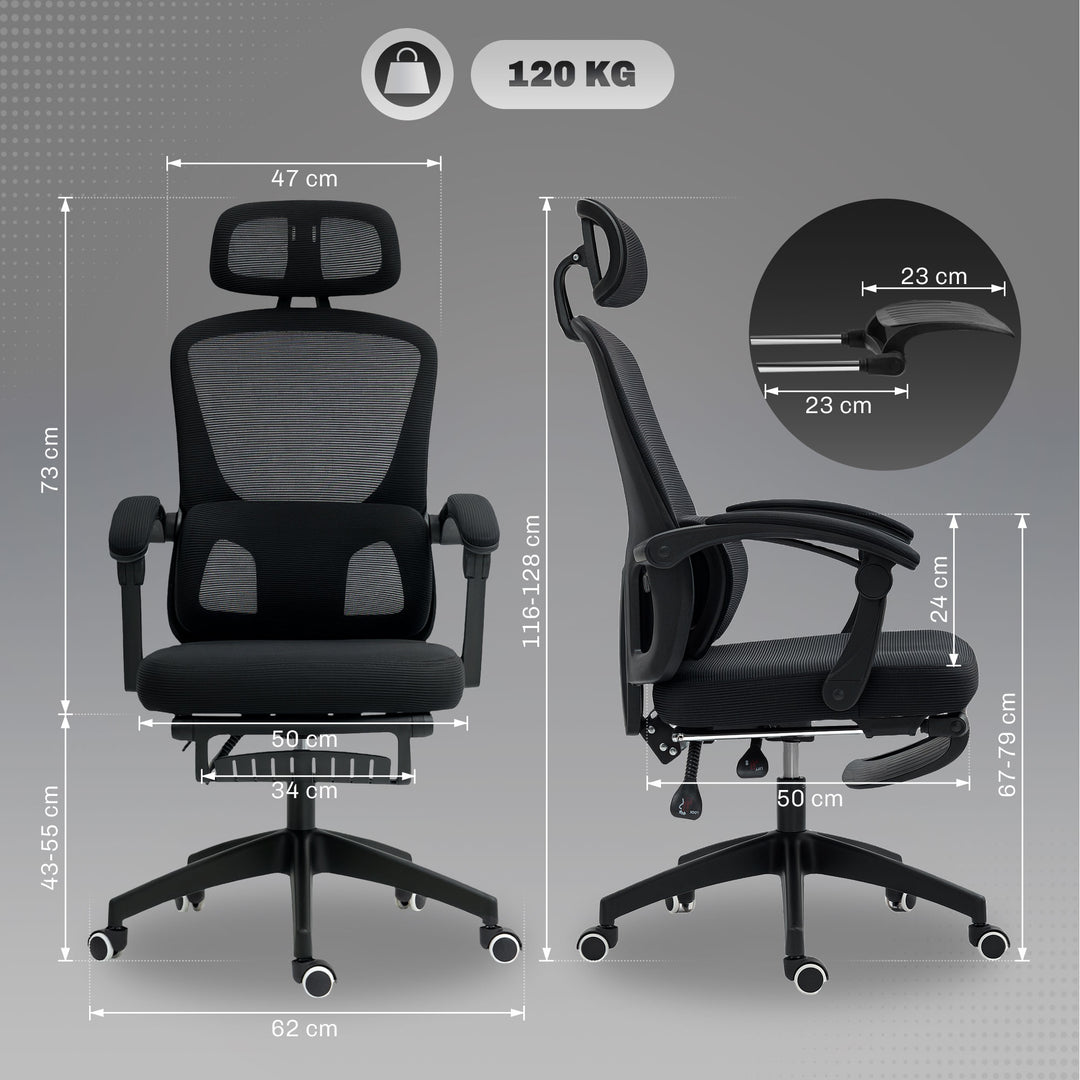 Ergonomic Office Chair, Mesh High Back Desk Chair with Adjustable Lumbar Support and Headrest, Footrest, Reclining Executive Swivel Computer Chair for Home Study, Black