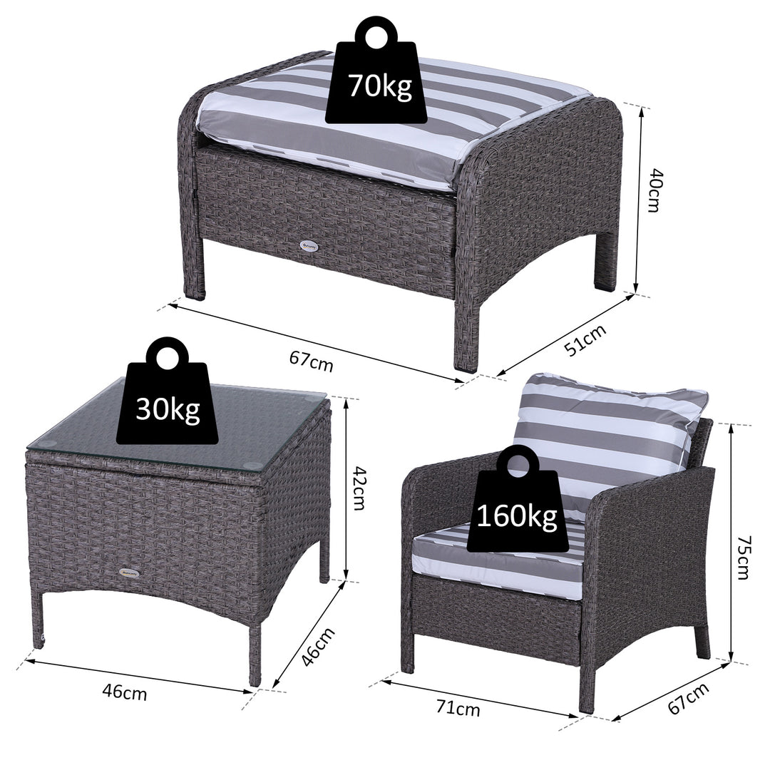 5 Pieces PE Rattan Garden Furniture Set with 10cm Thick Padded Cushions, Wicker Weave Outdoor Seating Chairs with 2 Armchairs, 2 Stools, Glass Top Table, Dark Grey