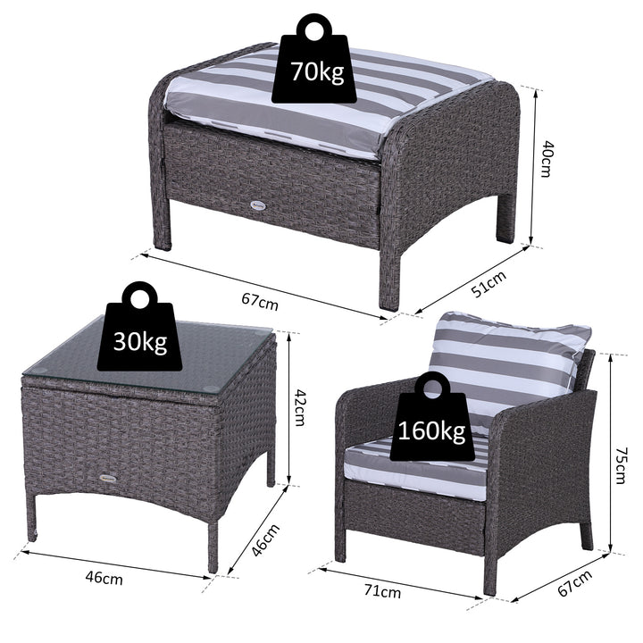 5 Pieces PE Rattan Garden Furniture Set with 10cm Thick Padded Cushions, Wicker Weave Outdoor Seating Chairs with 2 Armchairs, 2 Stools, Glass Top Table, Dark Grey
