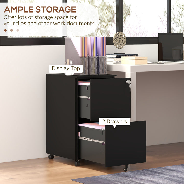 2-Drawer Vertical Filing Cabinet with Lock and 5 Wheels, Steel Mobile File Cabinet, for A4, Legal and Letter Size, Pre-Assembled Body, Black