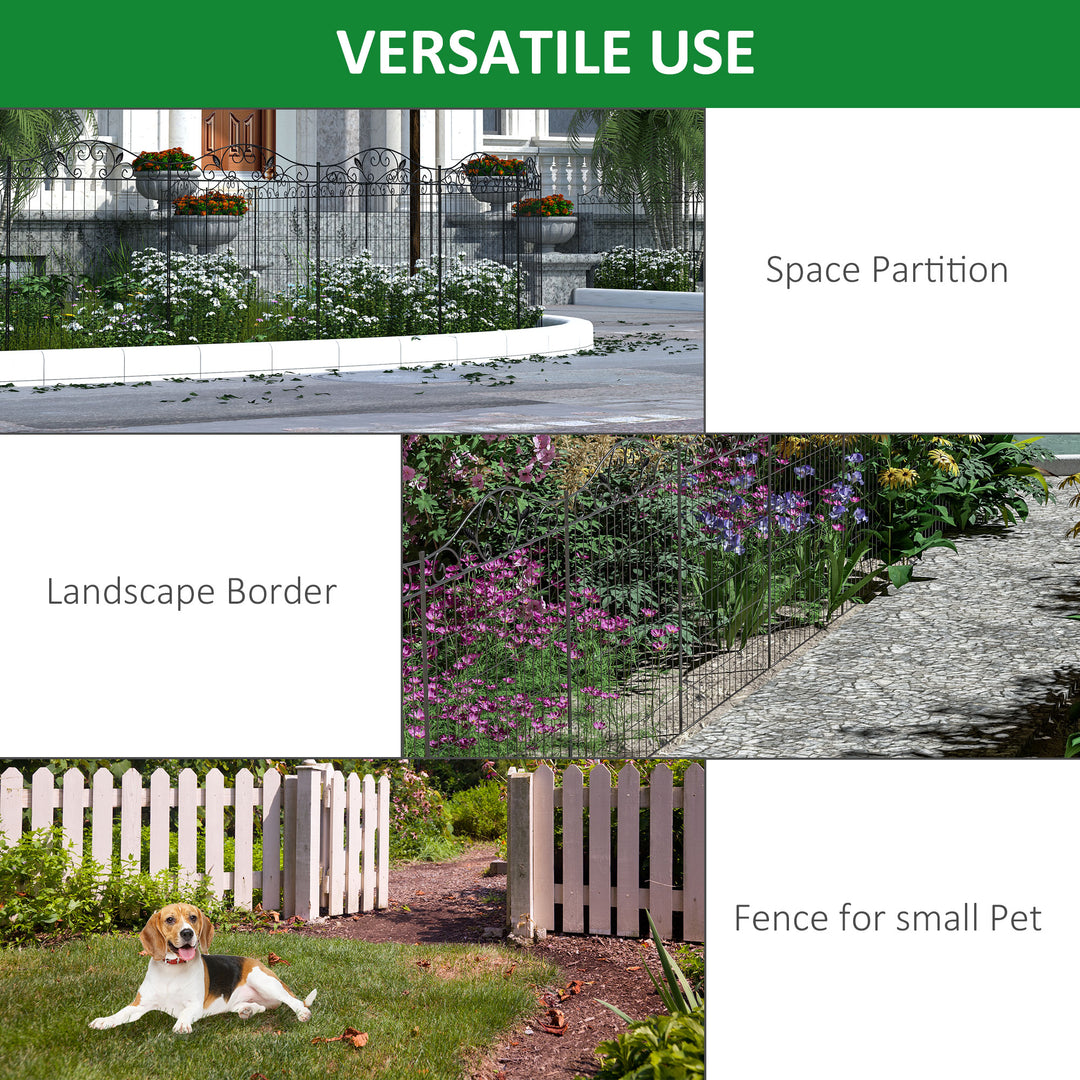 Outsunny Set of 2 Decorative Garden Fence, 8 Panels Metal Picket Fence, Versatile Shapes for Patio Lawn, 365cm x 112cm, Black