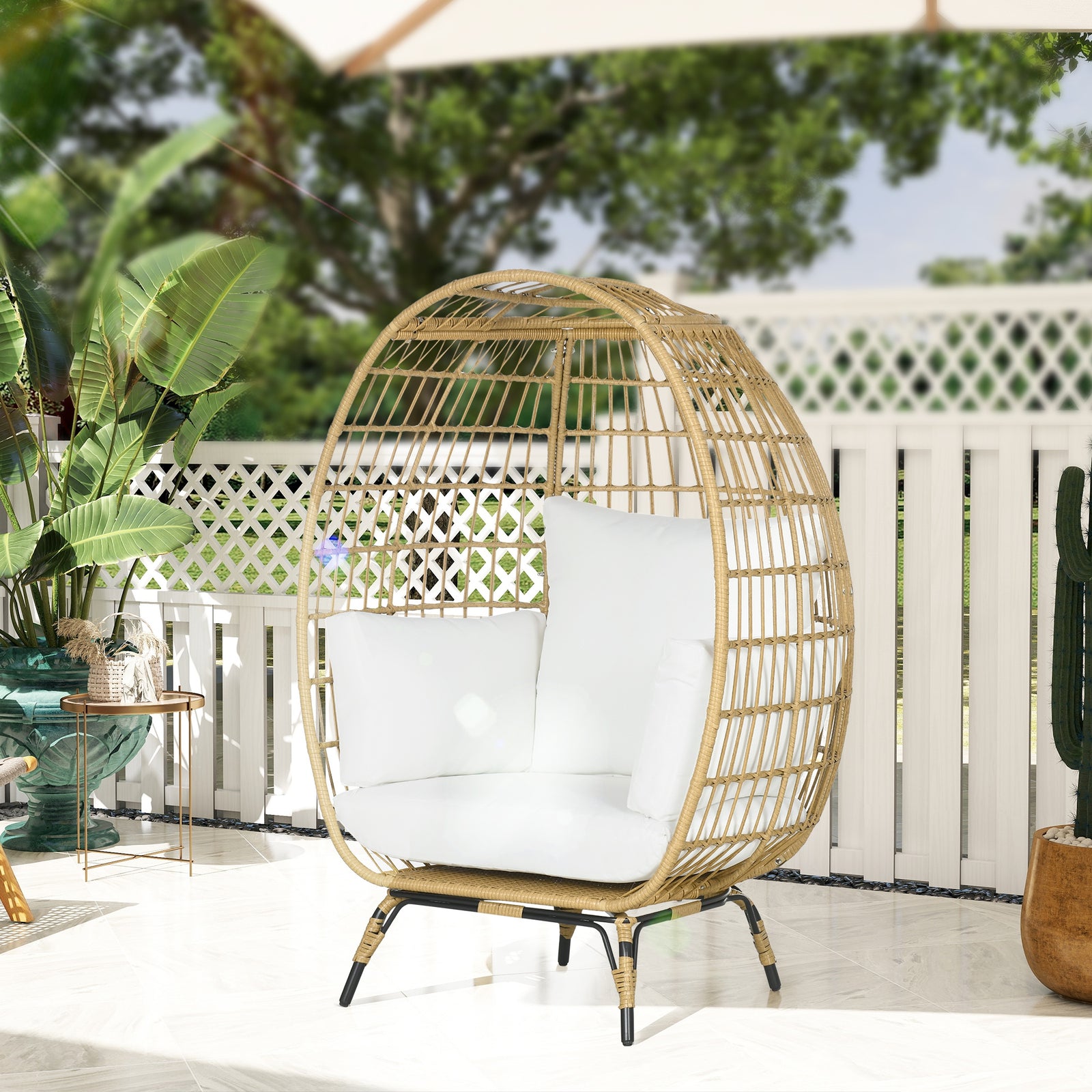 Rattan Egg Chair with Cushions and Pillows, Khaki