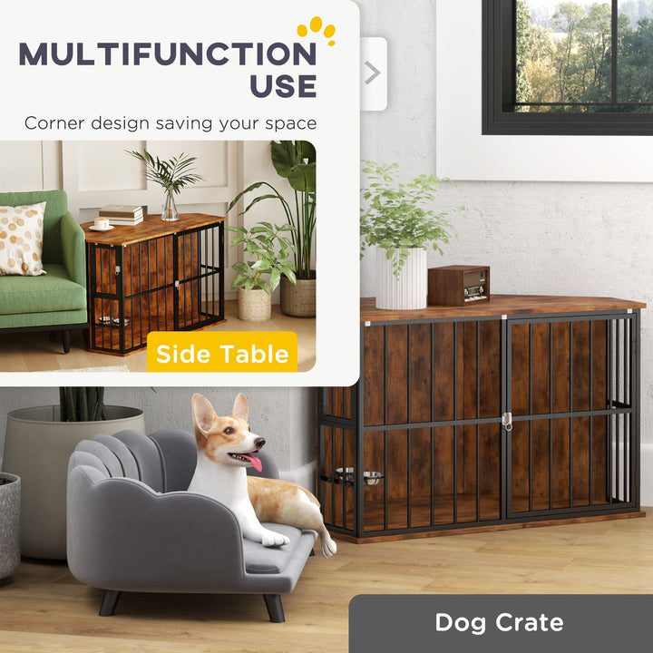 Corner Dog Crate Furniture with Two Bowls, Lockable Doors, for Small, Medium Dogs, Rustic Brown