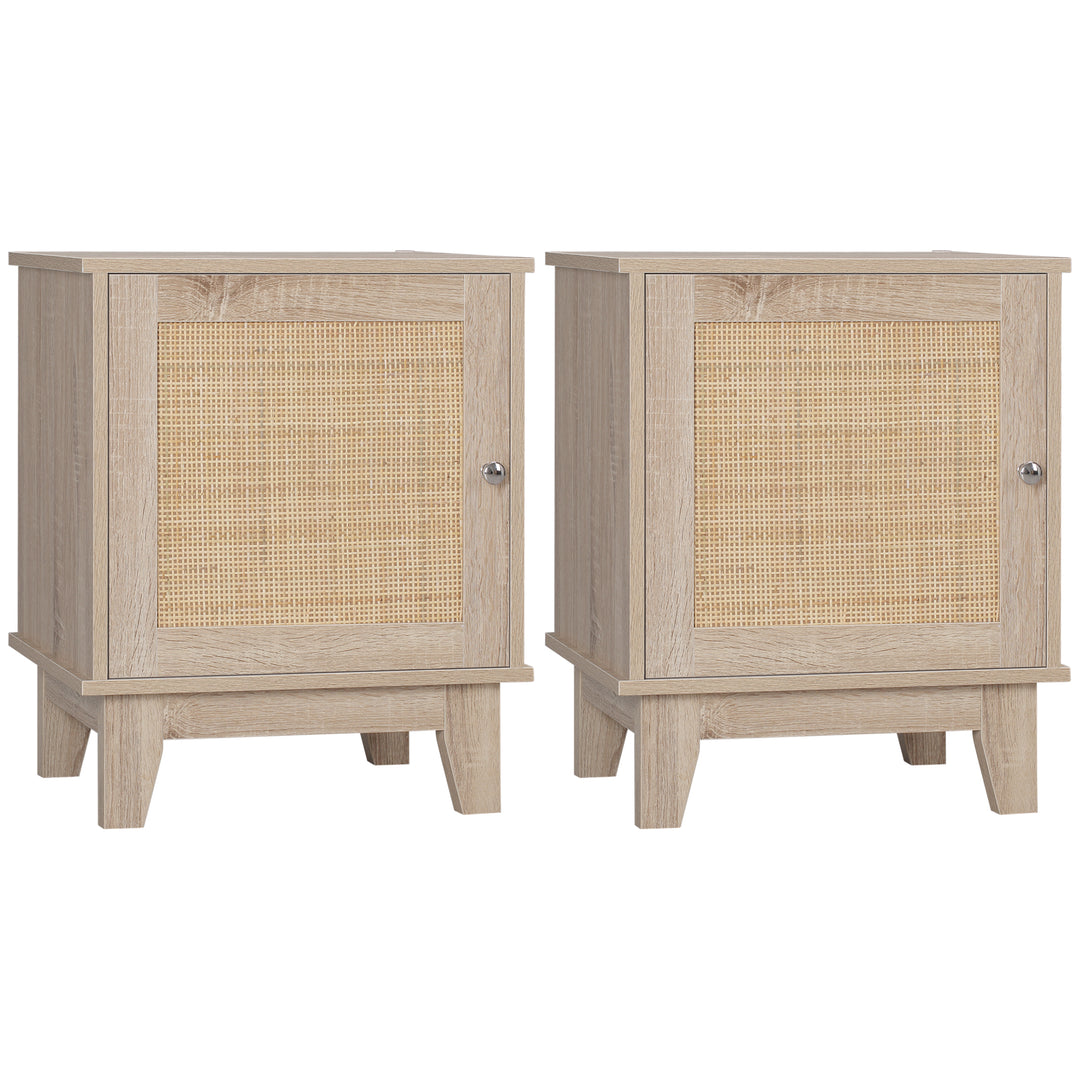 Bedside Table, Bedside Cabinet with Storage Cupboard, Side End Table with Rattan Element for Living Room, Bedroom, Set of 2, Natural