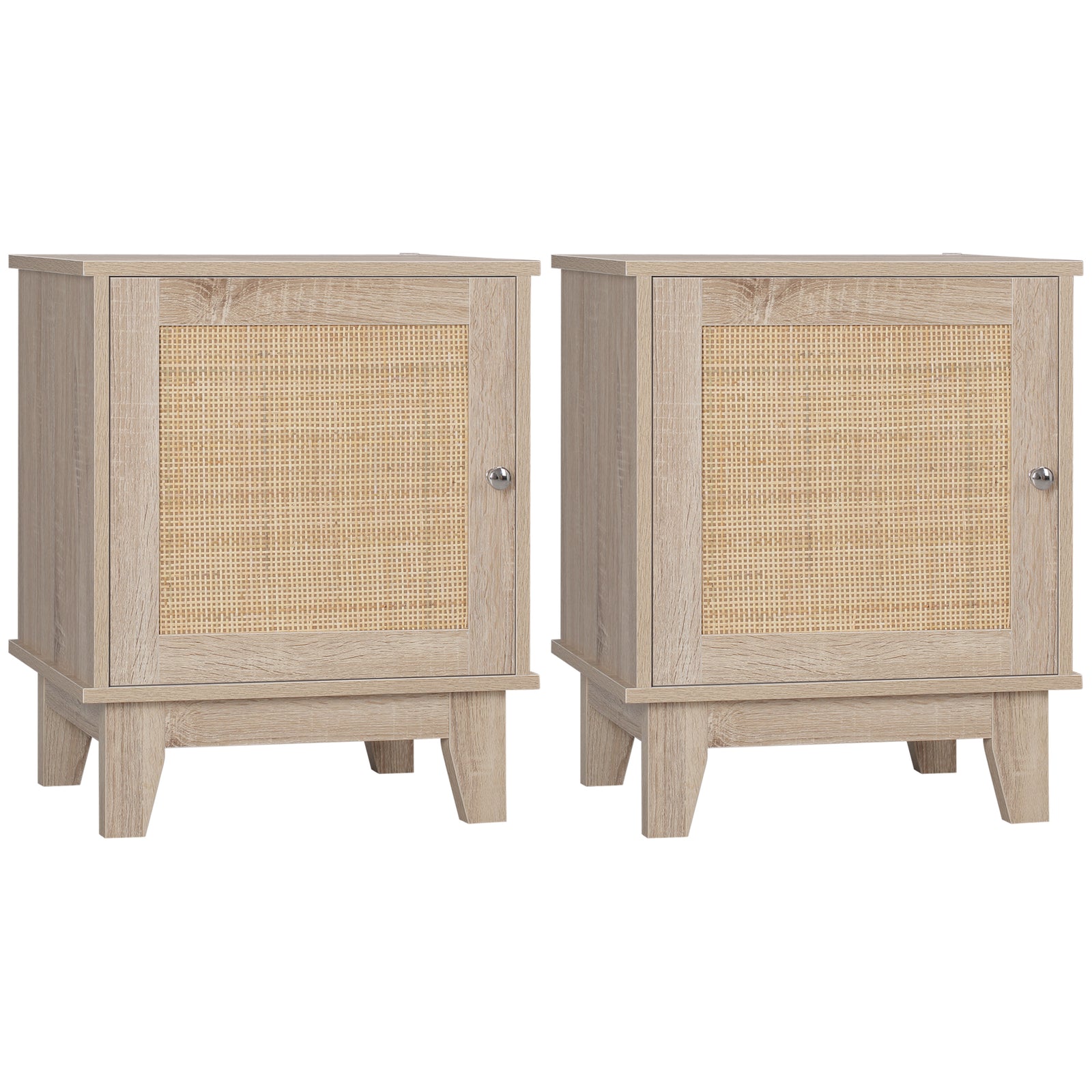 Bedside Table, Bedside Cabinet with Storage Cupboard, Side End Table with Rattan Element for Living Room, Bedroom, Set of 2, Natural