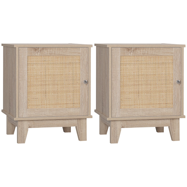 Bedside Table, Bedside Cabinet with Storage Cupboard, Side End Table with Rattan Element for Living Room, Bedroom, Set of 2, Natural