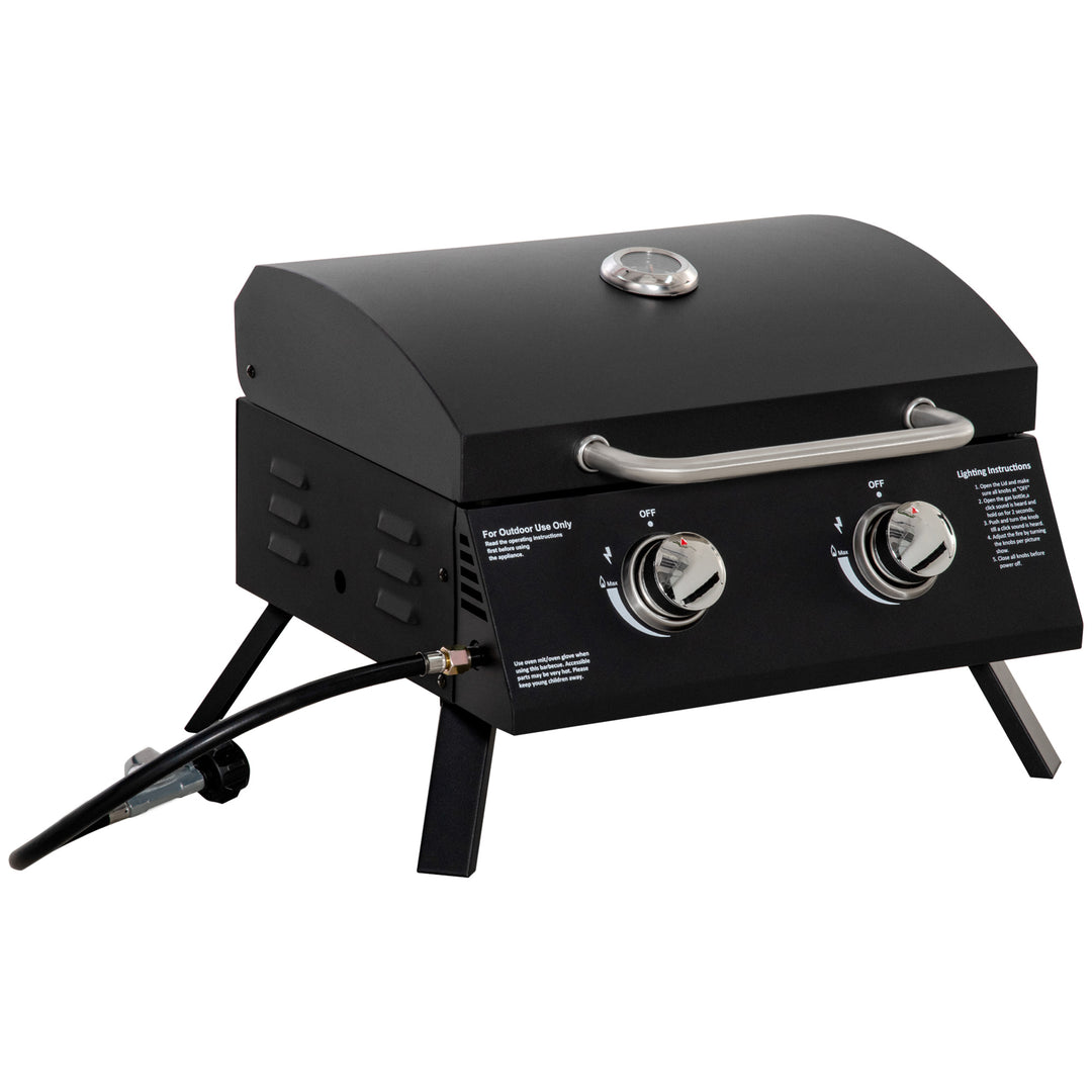 MCL 2 Burner Gas BBQ Grill Outdoor Portable Folding Tabletop Barbecue w/ Lid, Thermometer, Carbon Steel, Black