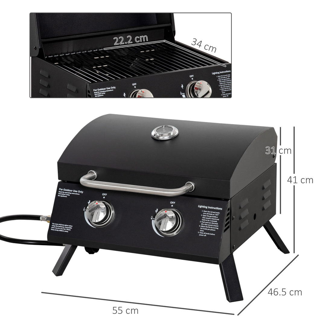 2 Burner Gas BBQ Grill Outdoor Portable Folding Tabletop Barbecue w/ Lid, Thermometer, Carbon Steel, Black