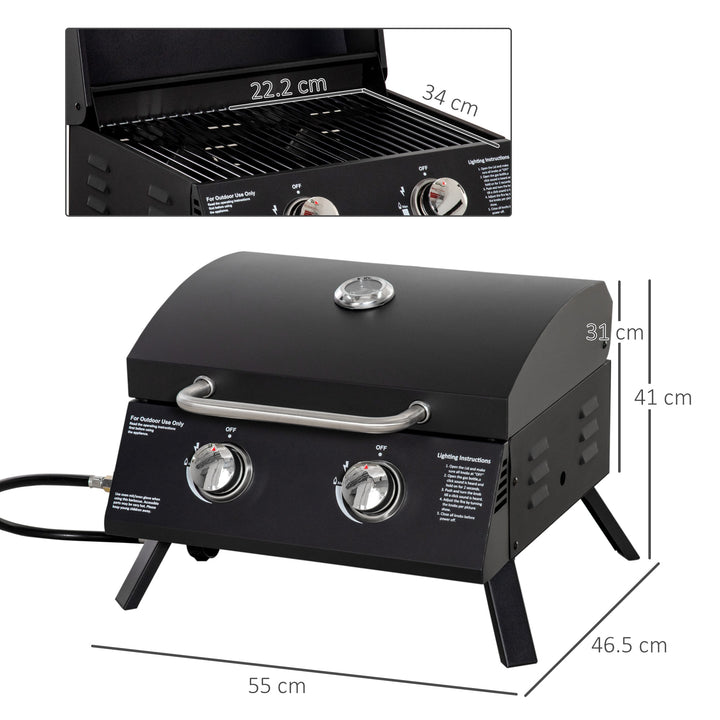 2 Burner Gas BBQ Grill Outdoor Portable Folding Tabletop Barbecue w/ Lid, Thermometer, Carbon Steel, Black