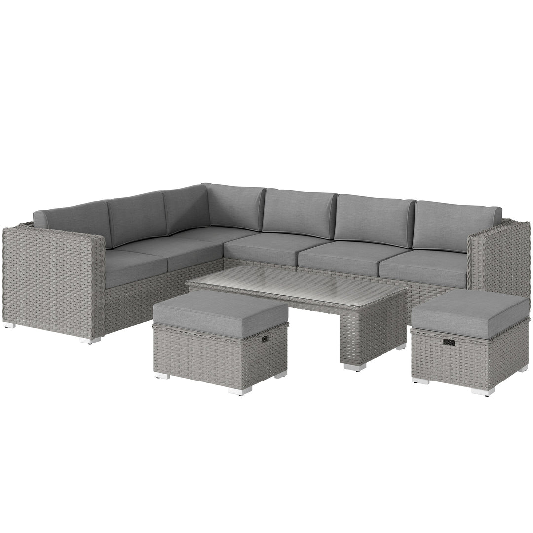 MCL 6 Pieces Outdoor PE Rattan Wicker Corner Sofa Set with 10cm Thick Padded Cushions, Aluminium Conservatory Furniture with Glass Top Coffee Table, Footstools, Grey