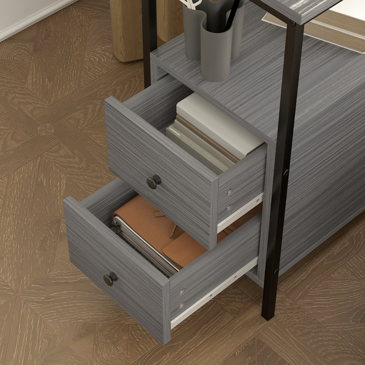 Side Table, Narrow Bedside Table with 2 Drawers and Storage Shelf, Industrial End Table with Metal Frame for Small Spaces, Grey Wood Grain
