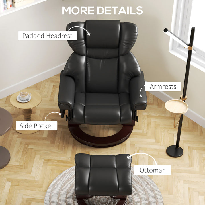 Massage Recliner Chair with Footstool, Upholstered Reclining Armchair with Adjustable Backrest, Steel Frame and Wood Base, Swivel Chair for Living Room, Bedroom, Black