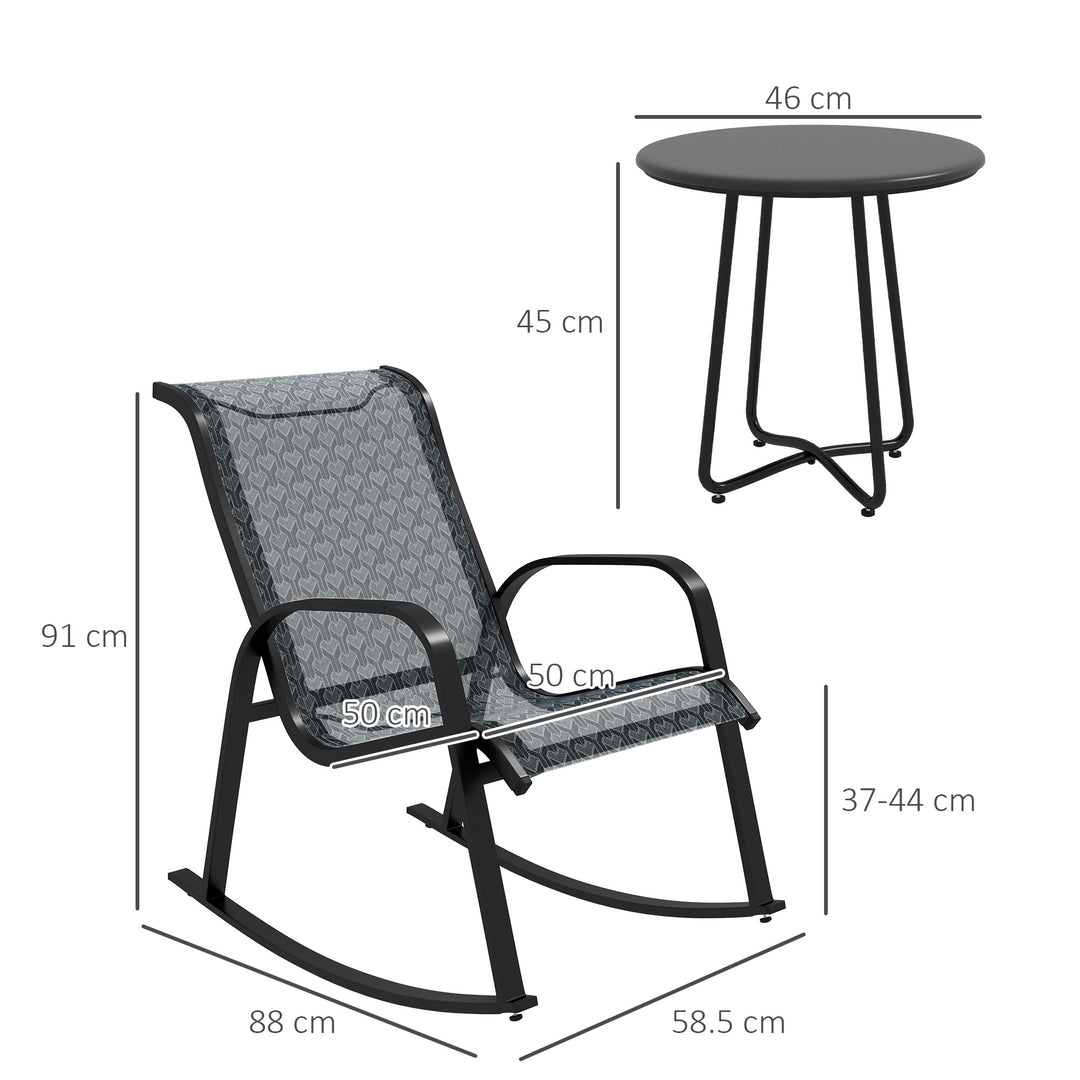 Outsunny 3 Pcs Garden Rocking Set w/ 2 Armchairs, Metal Top Coffee Table, Patio Bistro Set w/ Curved Armrests, Breathable Mesh Fabric Seat, Mixed Grey