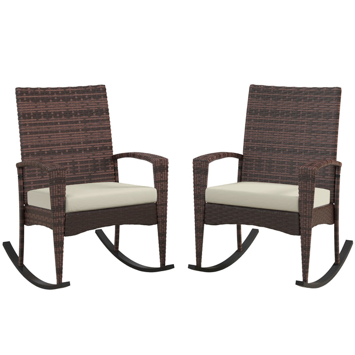 Outsunny Outdoor PE Rattan Rocking Chair Set of 2, Garden Rocking Chair Set with Armrest and Cushion, Brown | Aosom UK