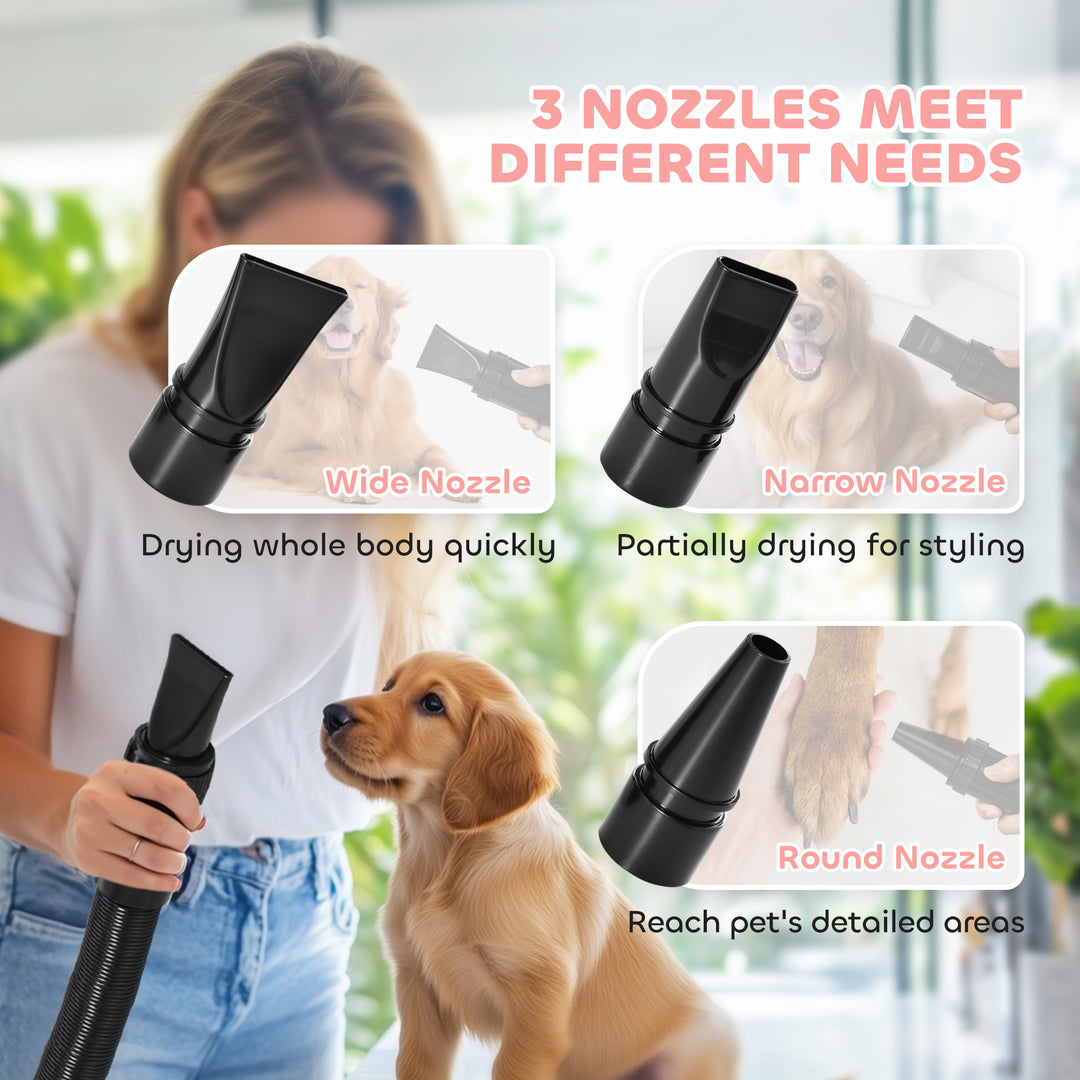 2200W Dog Hair Dryer with Adjustable Temperature & Velocity, 3 Different Nozzles, Pink