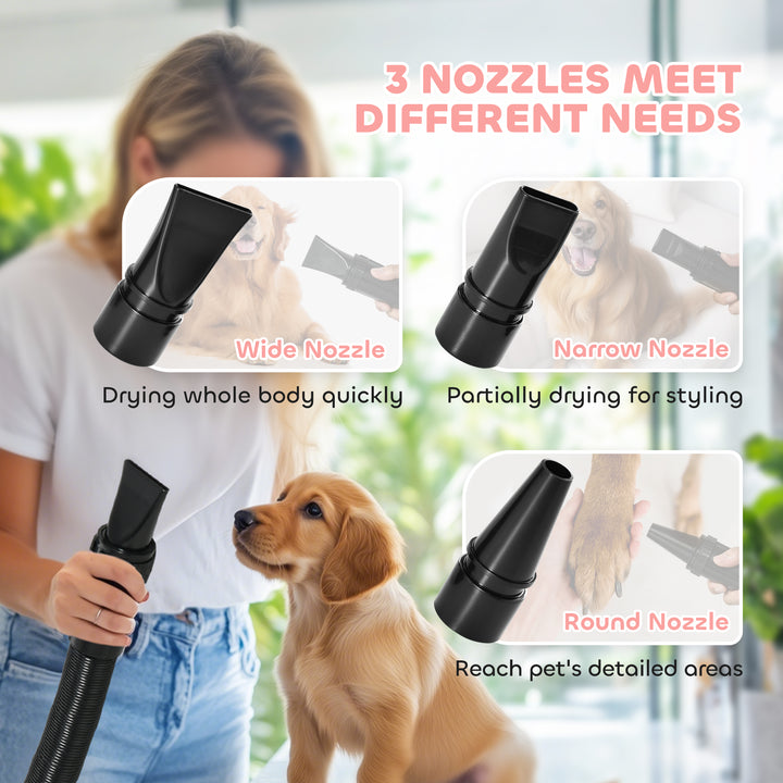 2200W Dog Hair Dryer with Adjustable Temperature & Velocity, 3 Different Nozzles, Pink