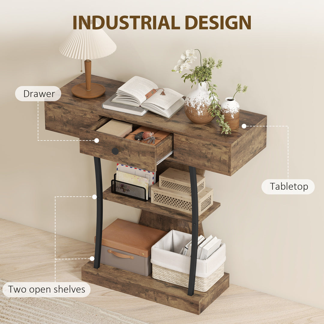 Console Table, 3-Tier Industrial Hallway Table with Drawer, Storage Shelves, 91 x 32 x 87 cm