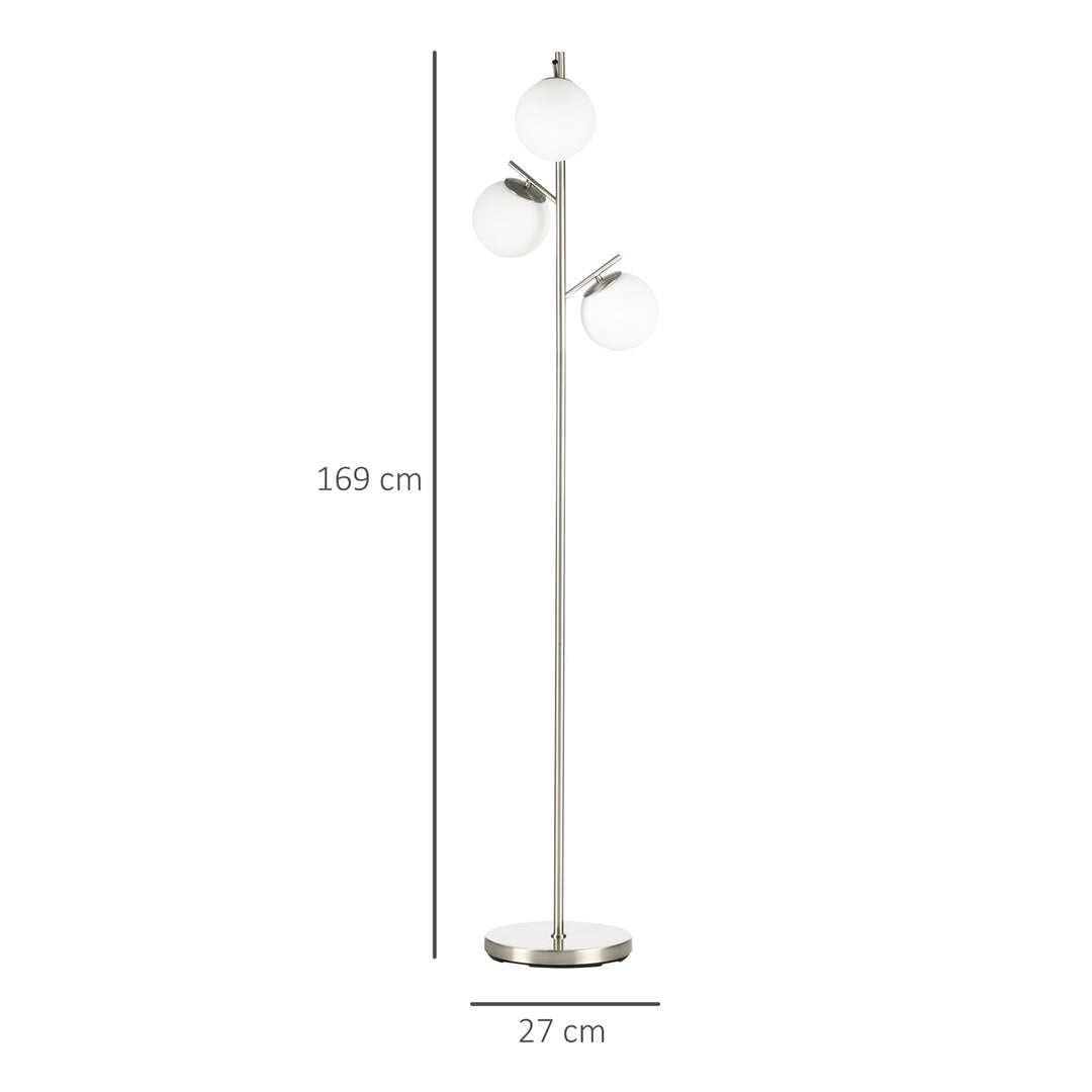 3-Light Tree Floor Lamps for Living Room, Modern Standing Lamp for Bedroom with Globe Lampshade, Steel Base, Bulb not Included, Silver