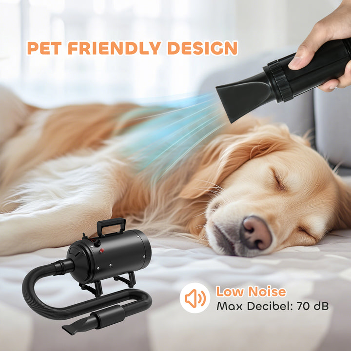 2200W Dog Hair Dryer with Adjustable Temperature & Velocity, 3 Different Nozzles, Black