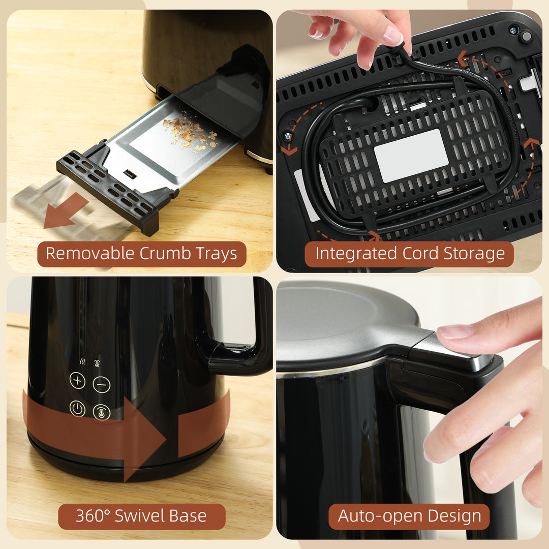 Polished Metal Kettle and Toaster Set - Black