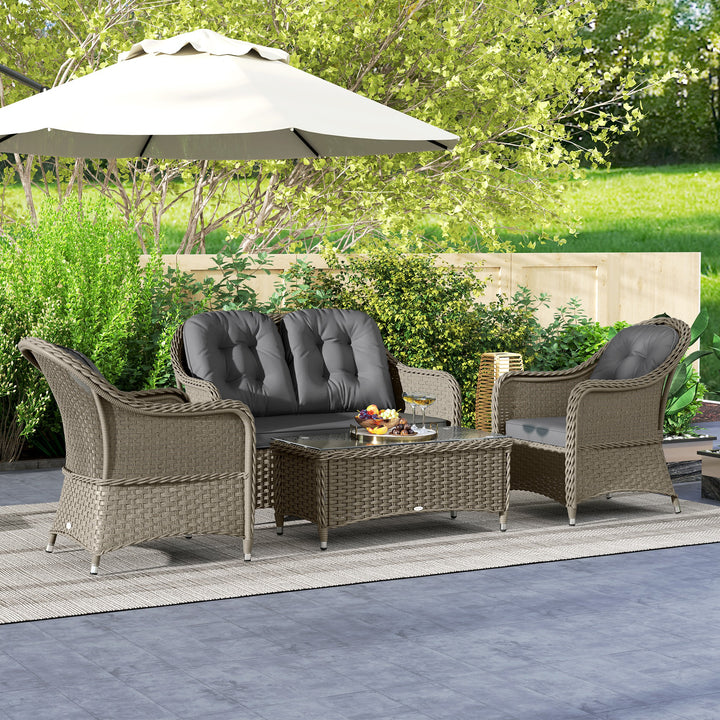 Four-Piece Rattan Sofa Set, with Glass-Top Table - Light Grey