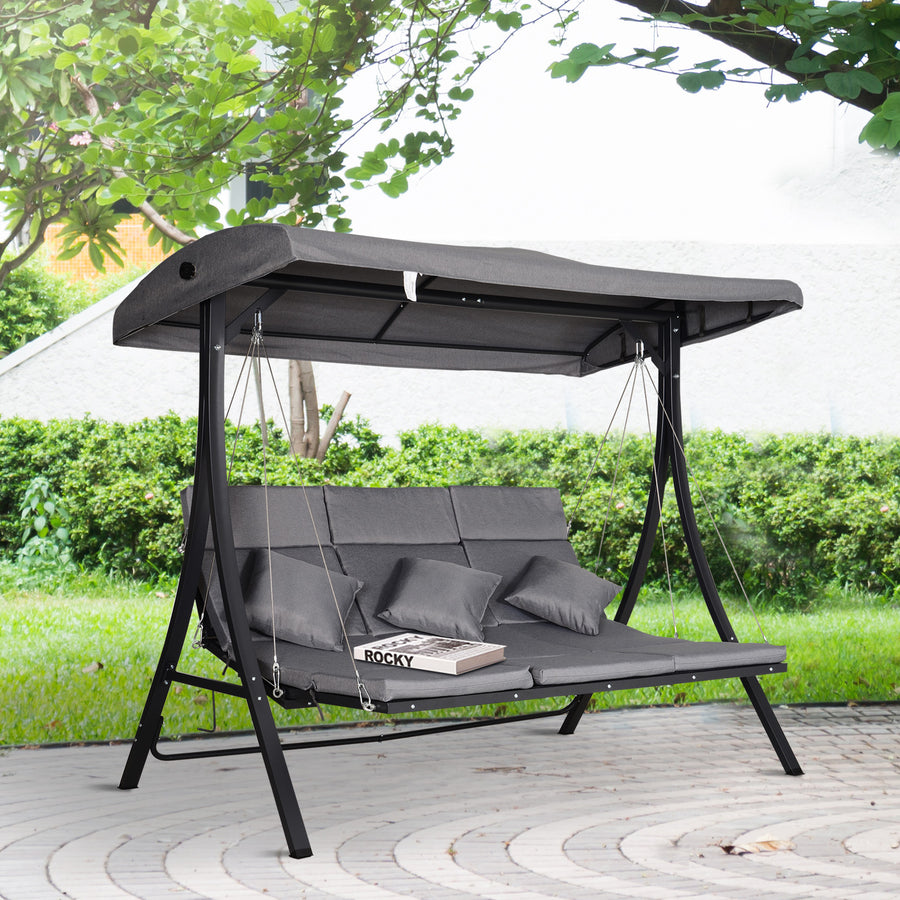3 Seater Garden Swing Seat Outdoor Swing Chairs Chaise Lounge Padded Seat Hammock Canopy Porch Patio Bench Bed Recliner Sun Lounger - Grey
