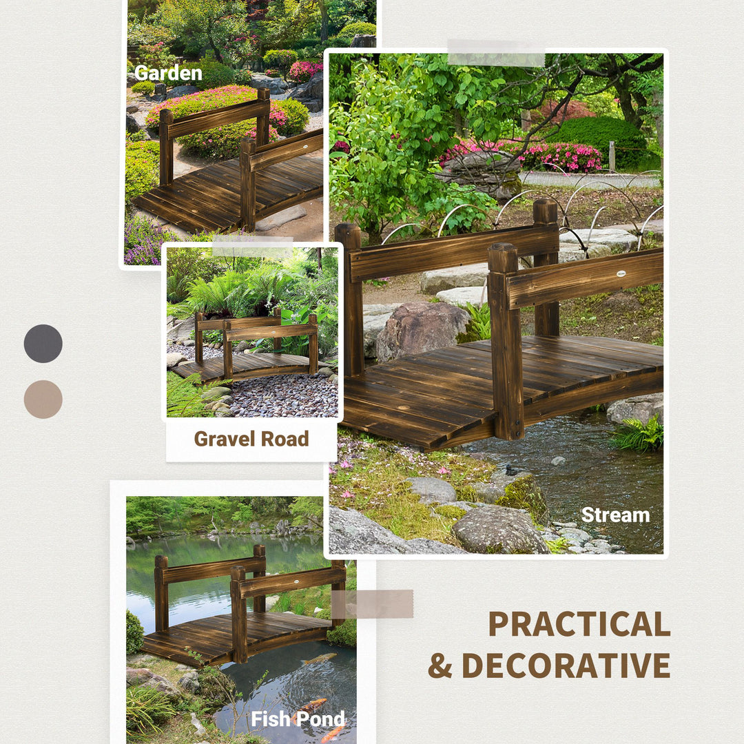 5FT Wooden Garden Bridge with Planters on Safety Railings, Stained Finish Arc Footbridge for Pond Backyard Stream