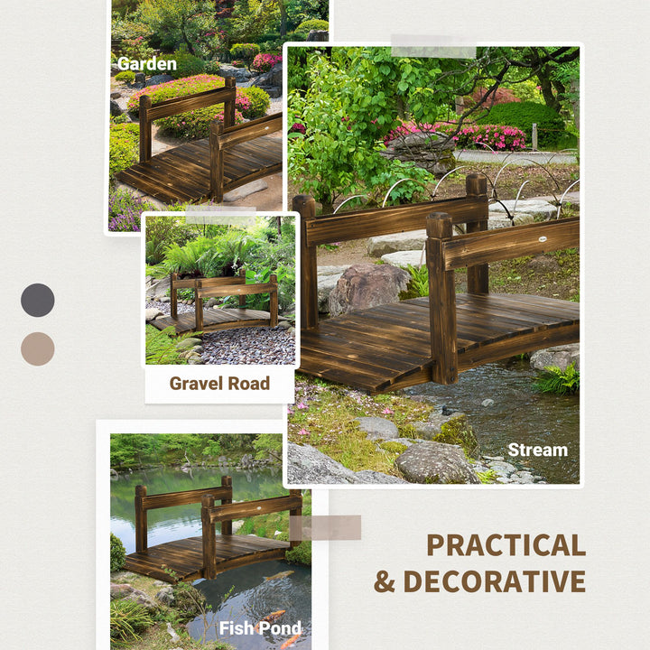 5FT Wooden Garden Bridge with Planters on Safety Railings, Stained Finish Arc Footbridge for Pond Backyard Stream