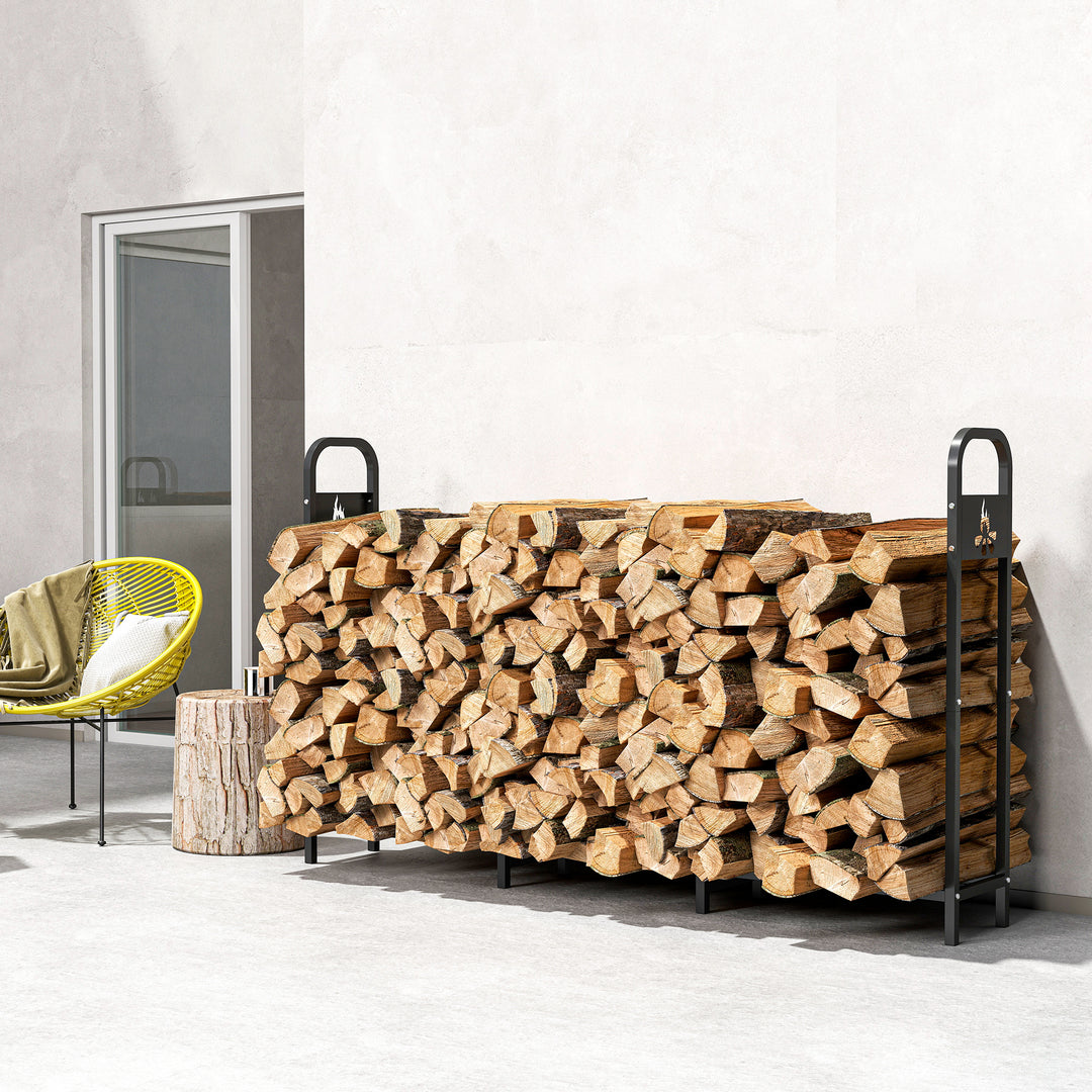 MCL 6.5 FT Steel Firewood Log Rack with 300 kg Capacity, Heavy Duty Indoor Outdoor Fireplace Wood Storage Shelf, Log Holder/Stand with Extra Support Legs, Decorative Bonfire Pattern, Black