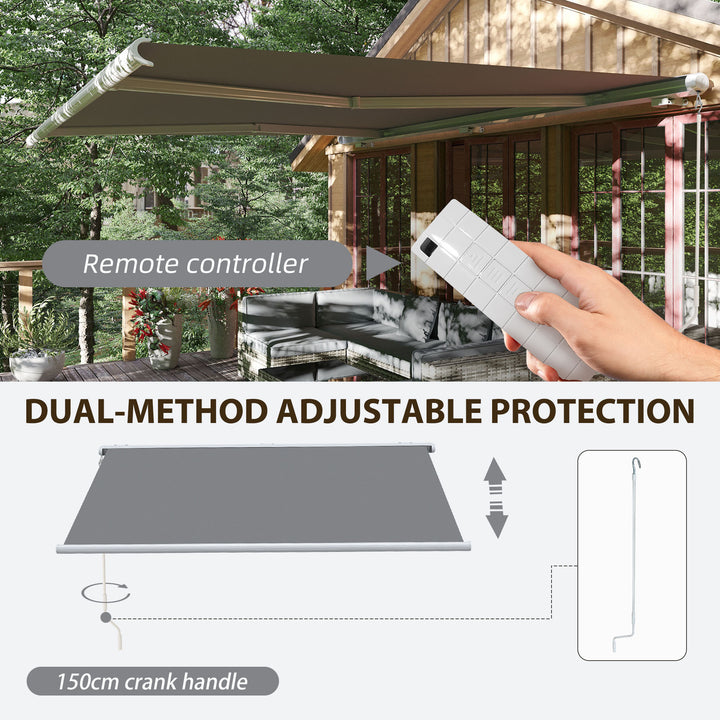 Outsunny 4 x 3 m Full Cassette Electric/Manual Retractable Awning with LED Light and Remote Controller, Sun Canopies for Patio Door Window, Grey