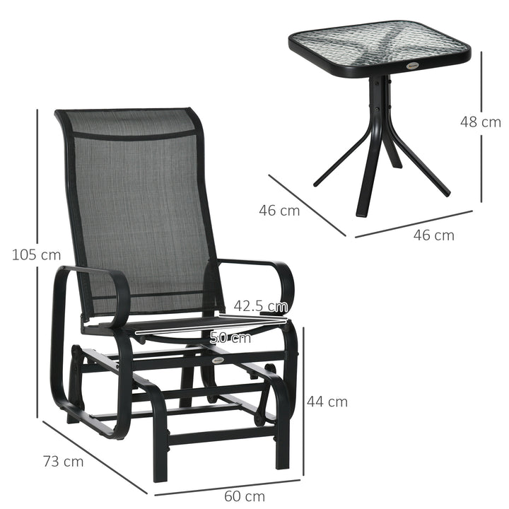 3 Pieces Garden Gliding Chair Set, Metal Frame 2 Single Armchair Swing Seater and 1 Glass Top Coffee Table w/ Breath Mesh Fabric Seat, Black
