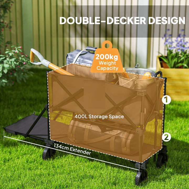 Double Decker Folding Festival Trolley on Wheels, 200KG & 350L Capacity Collapsible Wagon Festival Trolley Cart with 134cm Extended for Camping Sports Shopping Garden and Beach, Black