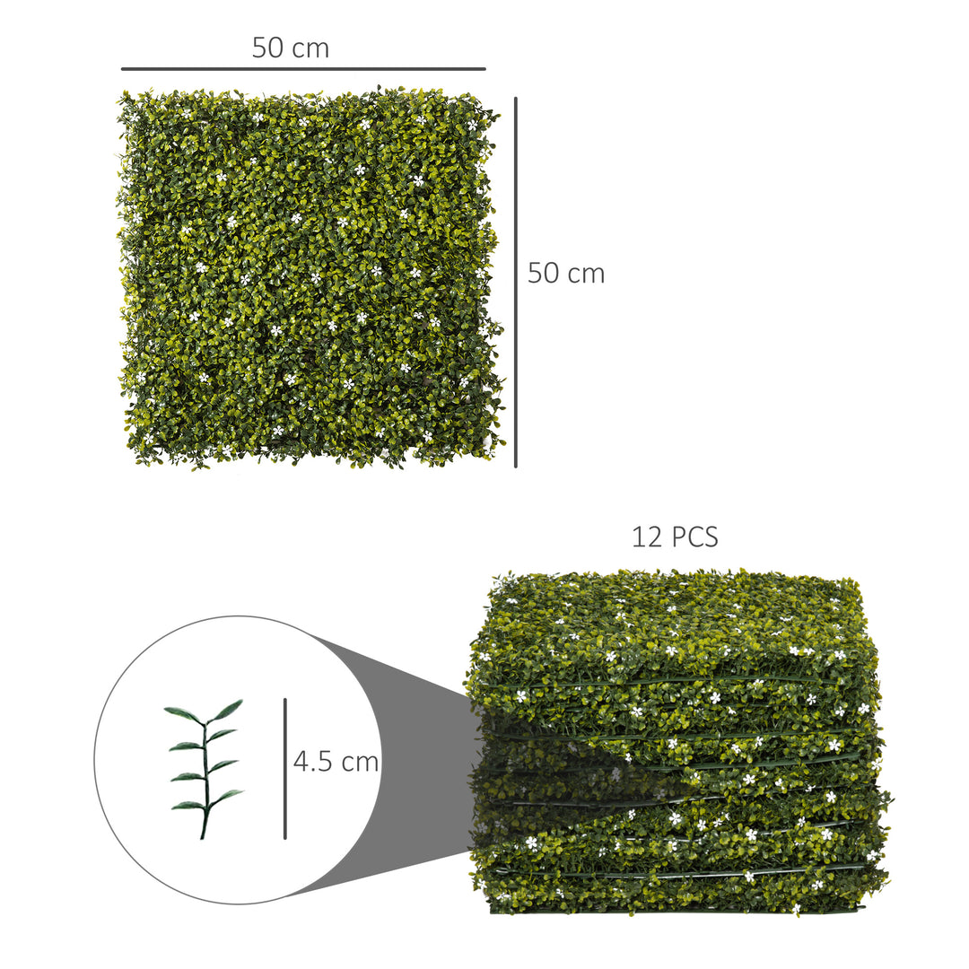 12PCS Artificial Boxwood Wall Panels 50cm x 50cm Grass Privacy Fence Screen Faux Hedge Greenery Backdrop Encrypted Milan Grass with White Flowers for Home Garden Backyard Balcony