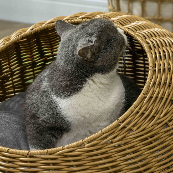 Wicker Cat House with Washable Cushion for Indoor Cats, Light Brown