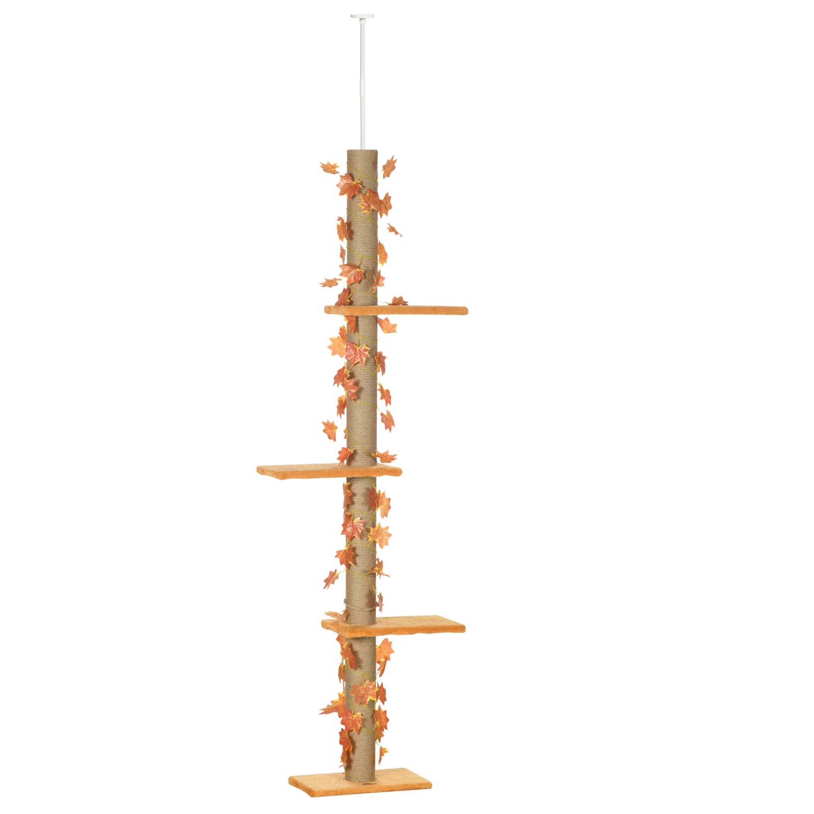 242cm Adjustable Floor-To-Ceiling Cat Tree, with Artificial Decoration, Perches, Anti-Slip Kit - Orange