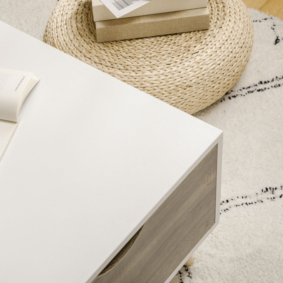 MCL Coffee Table, Modern Tea Table with Open Storage Shelves, Two Drawers and Solid Wood Legs, Coffee Tables for Living Room, Bed Room, White