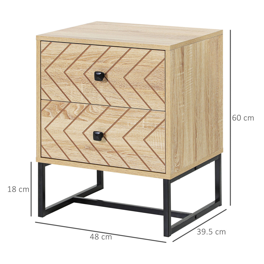 MCL Bedside Table Nightstand Two-Drawer Bedroom Storage Unit Zig Zag Design with Black Metal Handles, Natural
