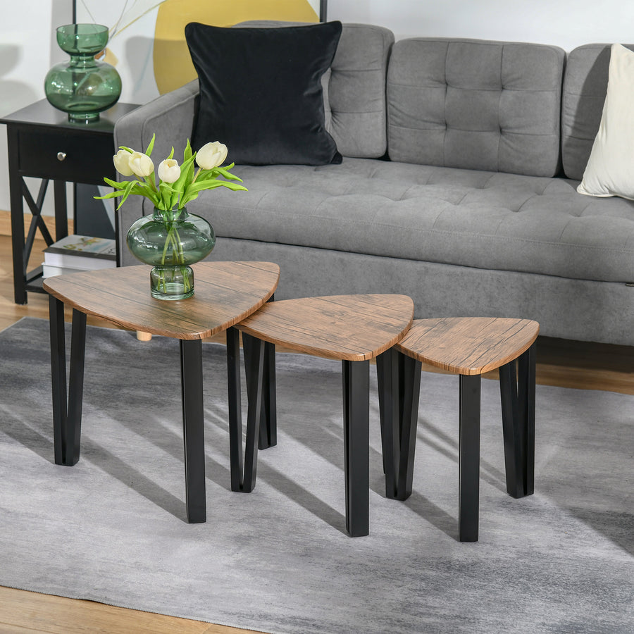 Nest of Tables, Coffee Table Set of 3, Triangle Nesting Tables with Metal Legs, Industrial End Side Table for Living Room, Walnut Wood Grain